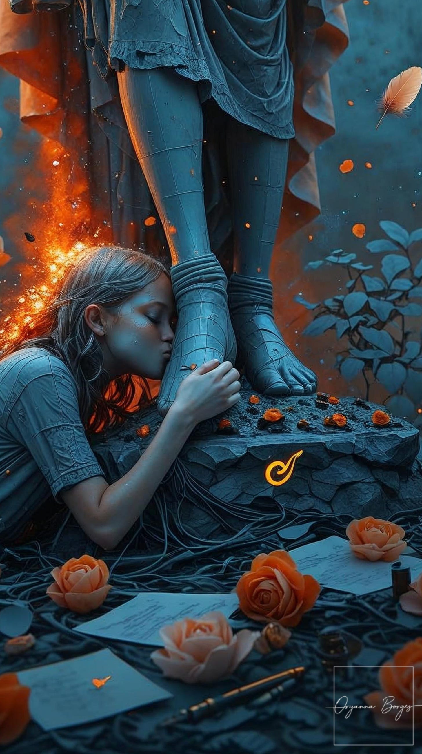 Uma jovem neurodivergente ajoelhada beija os pés de uma estátua colossal em uma catedral steampunk. O chão está cheio de papéis, tintas e penas.