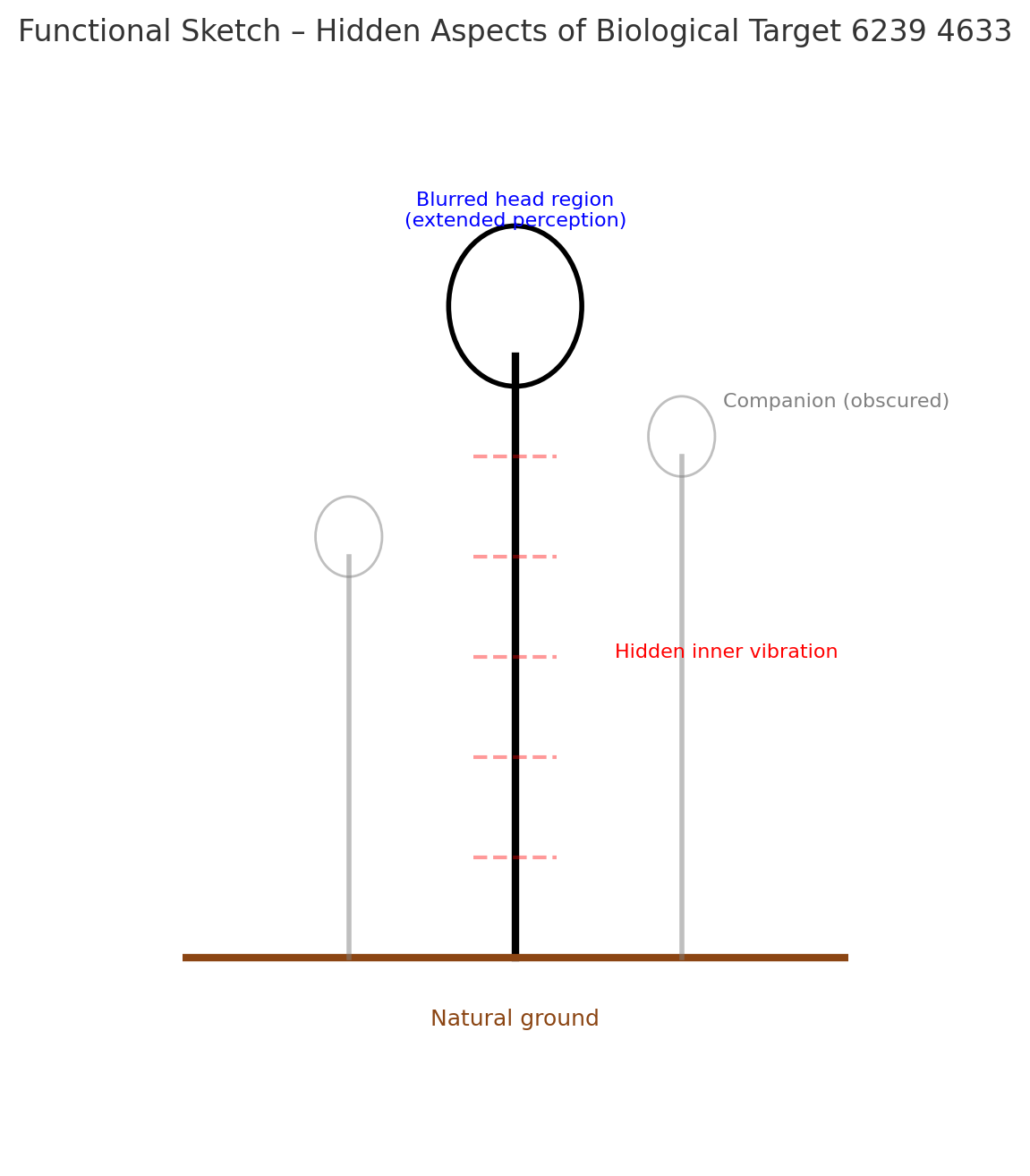 Central upright figure with a large outlined head labeled “blurred region.” Red dashed lines run horizontally through its torso, labeled hidden inner vibration. Two faint gray companion figures with circles for heads appear on either side, semi-transparent. Ground is natural brown. Central upright figure with a large outlined head labeled “blurred region.” Red dashed lines run horizontally through its torso, labeled hidden inner vibration. Two faint gray companion figures with circles for heads appear on either side, semi-transparent. Ground is natural brown.