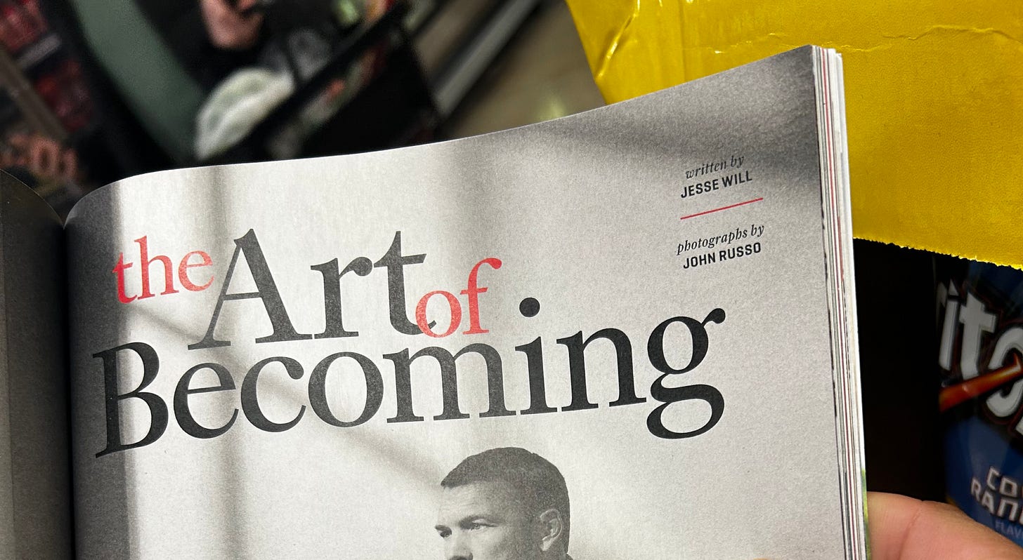 Magazine spread titled “The Art of Becoming,” photographed in soft natural light with editorial typography and a blurred grocery store background. Magazine spread titled “The Art of Becoming,” photographed in soft natural light with editorial typography and a blurred grocery store background.