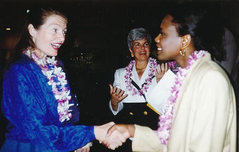 Patty Mooney's encounters with amazing women along her feminist-politico journey - Anita Hill, Barbara Boxer, Lili Tomlin, Christine Lahti and daughter, Erin Brockovich, Oprah Winfrey, Congresswoman Susan Davis and Rightful President Hillary Rodham Clinton