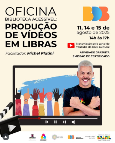 #descrevemospravocê  Convite para a oficina “Biblioteca Acessível: Produção de vídeos em Libras”, com o facilitador Michel Platini. A atividade será transmitida gratuitamente pelo canal do YouTube da BDB Cultural nos dias 11, 14 e 15 de agosto de 2025, das 14h às 17h. A oficina oferece emissão de certificado.  O card tem fundo claro e layout organizado. No topo, o título da oficina aparece em letras grandes e contrastantes, com destaque para as palavras “Produção de vídeos em Libras” em negrito e caixa alta. Abaixo do título, aparece o nome do facilitador em itálico. À direita, as datas e o horário do evento estão dispostos em texto preto. Um ícone vermelho do YouTube indica que a transmissão será feita por essa plataforma. Em seguida, há uma faixa destacando que a atividade é gratuita e conta com emissão de certificado.  No centro da imagem, uma ilustração simula a tela de um vídeo. Dentro dela, várias mãos erguidas realizam sinais em Libras, com fundo azul. À direita da tela, sobreposto à imagem, está Michel Platini. Ele sorri, veste camiseta preta com um símbolo de Libras colorido no peito e tem cabelo curto grisalho. Seu braço direito está cruzado sobre o corpo, e a mão esquerda está levantada em posição de sinal.  Na parte inferior, há os logotipos dos apoiadores: BDB Cultural, Instituto Cultural Inclusivo, Secretaria Municipal de Cultura e Economia Criativa do DF, Ministério da Cultura e Governo Federal.