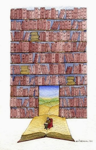 #descrevemospravocê  A imagem é uma ilustração artística que mostra uma imensa parede feita inteiramente de livros organizados em estantes. No centro da parede, há uma porta aberta que revela uma paisagem campestre ao fundo, com colinas verdes, céu azul e uma trilha dourada que se estende até o horizonte.  Na base da parede de livros, há um livro gigante aberto no chão, cujas páginas se transformam na trilha que leva à paisagem. Sentado em uma poltrona vermelha sobre esse livro aberto, está um homem idoso com cabelos brancos, lendo tranquilamente um livro menor. A figura transmite serenidade, envolvimento com a leitura e conexão entre o conhecimento e a imaginação.  A composição sugere que a leitura é uma porta para outros mundos, caminhos e possibilidades, misturando elementos de realismo com fantasia em uma metáfora visual sobre o poder transformador dos livros.