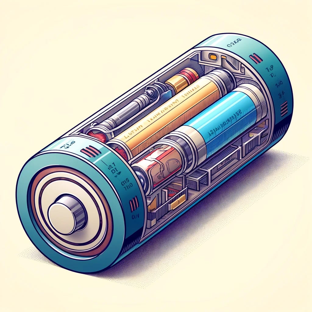 A detailed illustration of a lithium-ion battery, including its internal structure. The image should show a cross-section of the battery, highlighting the cathode, anode, electrolyte, and separator. It should visually explain how the ions move between the cathode and anode during charging and discharging. The battery is encased in a cylindrical or rectangular shell, commonly used in electronics. The image should be technical yet accessible, suitable for educational purposes in a newsletter.