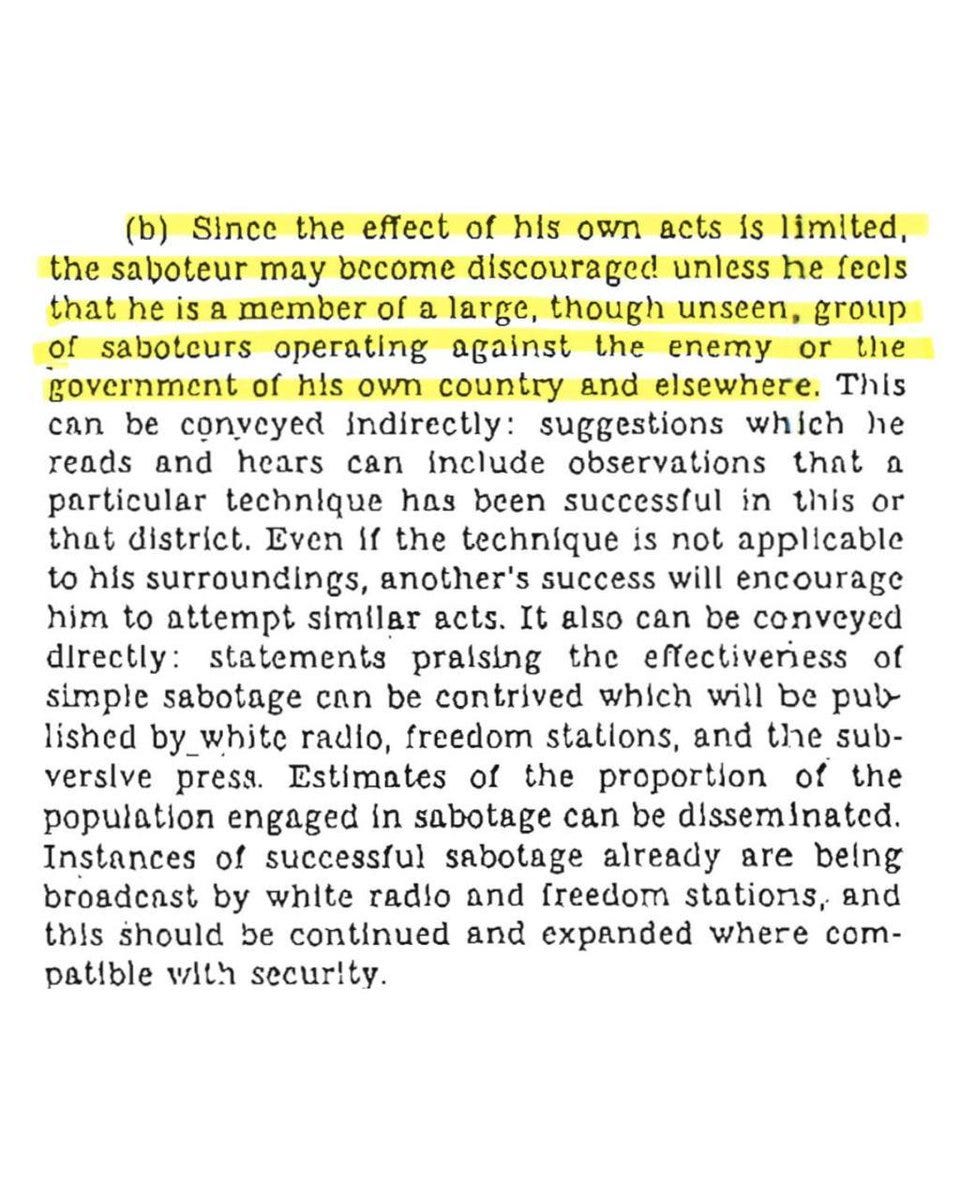 A black-and-white scanned document page with text discussing sabotage tactics. The text includes phrases about saboteurs, discouragement, and operating against an enemy or government. No additional objects or characters are visible.