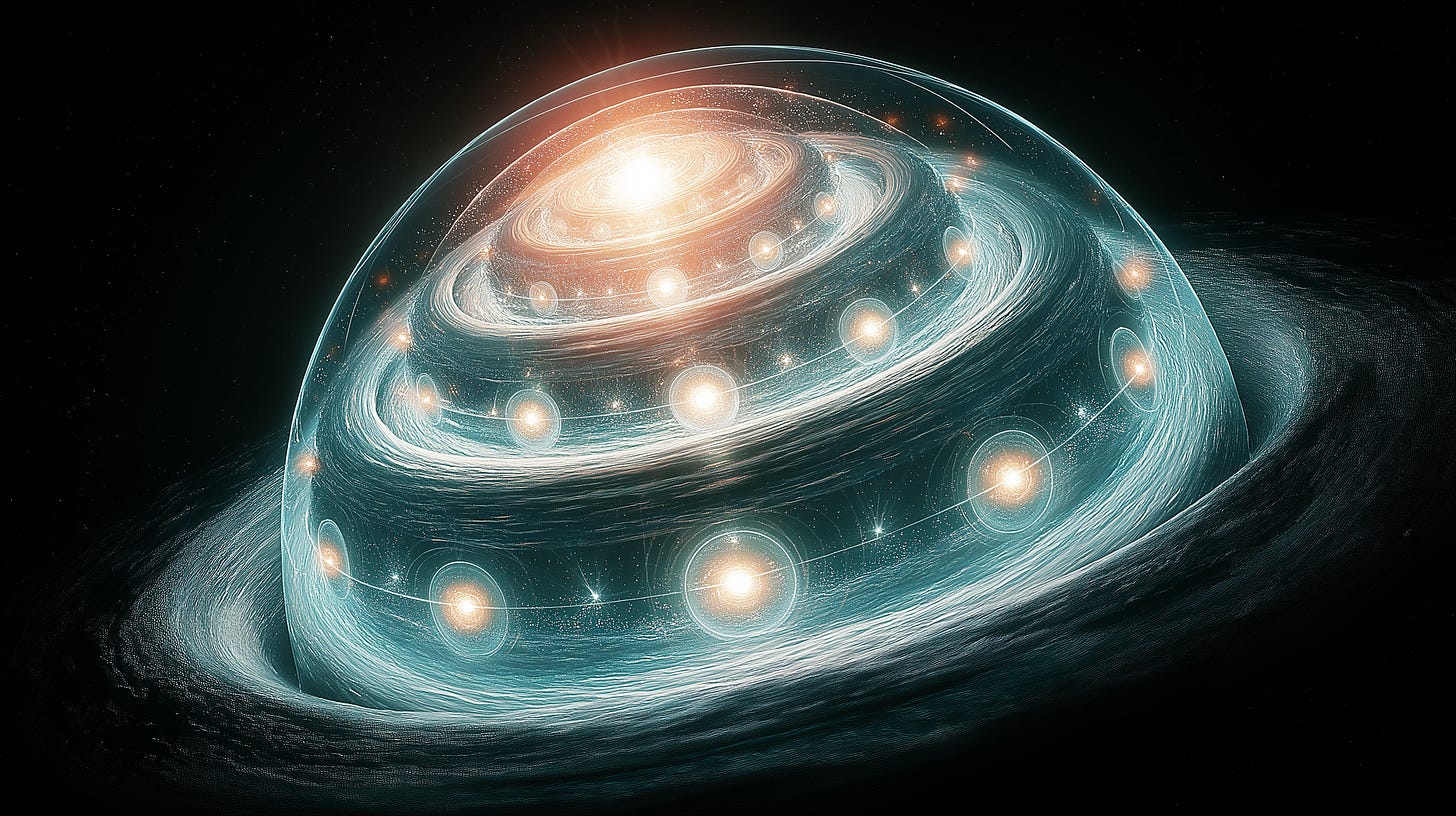 nested glowing orbs of consciousness, fractal layers of awareness from atom to star, spiritual systems theory, vibrant cosmic visionary style