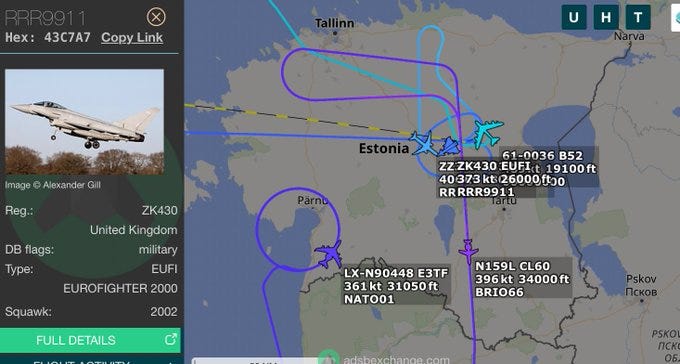 First image displays a flight tracking interface with a map of the Baltic region highlighting purple flight paths from Stockholm to Tallinn and beyond over Estonia Latvia Lithuania and Belarus with an inset photo of a white and gray Il-76 aircraft labeled RA-78969 Russian Air Force and details like hex code 1533C callsign PRIMSG62 squawk 5201 and DB flag military type Ilyushin Il-76. Second image shows another flight tracking map centered on Estonia with purple curved paths around Tallinn and Paldiski featuring an inset image of a white Eurofighter Typhoon aircraft labeled ZK430 United Kingdom with hex code 43C7 callsign NATO1 squawk 2002 and DB flag military type Eurofighter Euro 02.