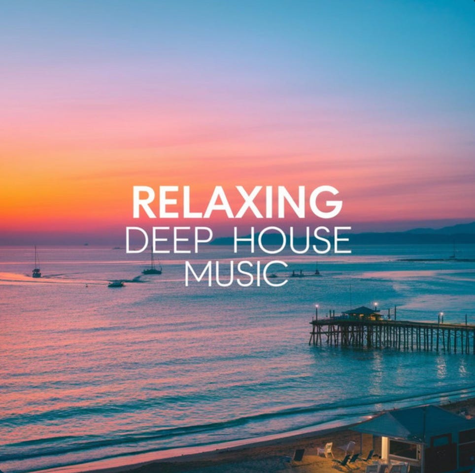 Album cover featuring a colorful sunset over the ocean with sailboats and a pier, text reads ‘Relaxing Deep House Music.