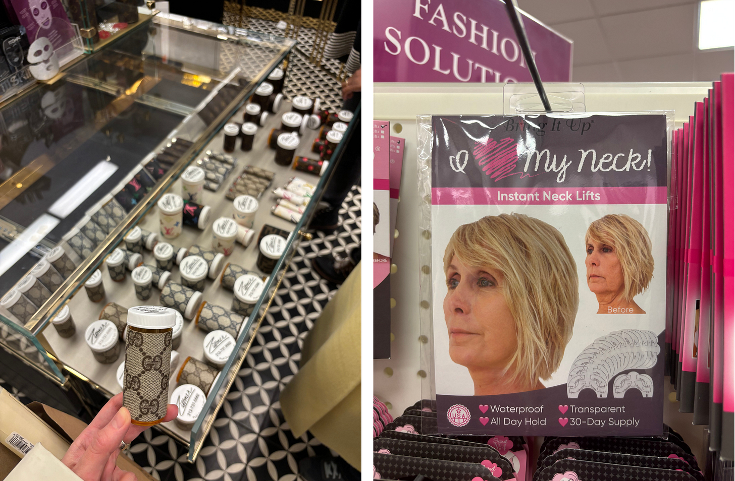 At left, a photo of a Gucci pill bottle from Zitomer's; at right, a photo of an "instant neck lift" kit