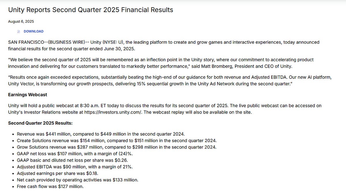 U | Unity 2025 年第二季業績亮點- 大叔美股筆記Uncle Stock Notes