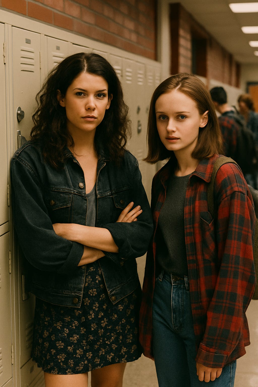 AI-Generated Nostalgic Fan Art Crossover of Lorelai Gilmore and Rory Gilmore standing at their high school lockers in My So-Called Life | rmrk*st | Remarkist Magazine