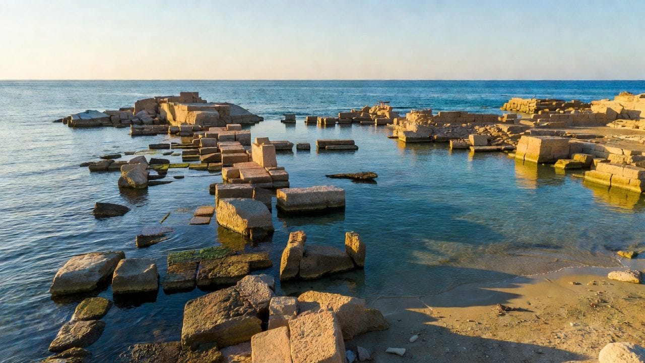 Ancient submerged stone ruins along a calm Mediterranean coastal shoreline at sunset