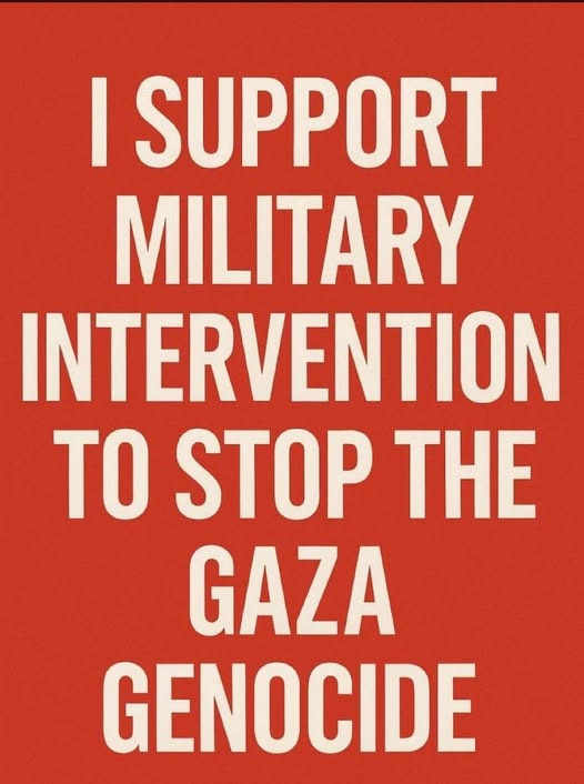 May be an image of text that says "I SUPPORT MILITARY INTERVENTION ΤΟ STOP ΤΗΕ GAZA GENOCIDE"