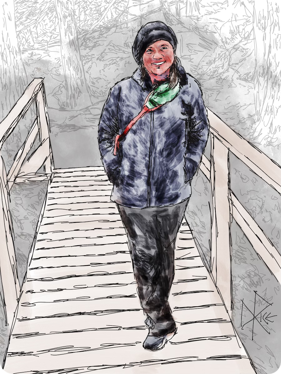 A woman, dressed for cool northern weather, walking over a foot bridge on a nature trail. Sketch art by Don Rice. A woman, dressed for cool northern weather, walking over a foot bridge on a nature trail. Sketch art by Don Rice.