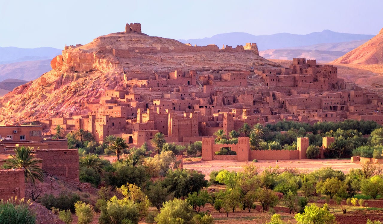 Aerial view of Kasbah of Aït Ben Haddou, Morocco, an UNESCO World Heritage Site.