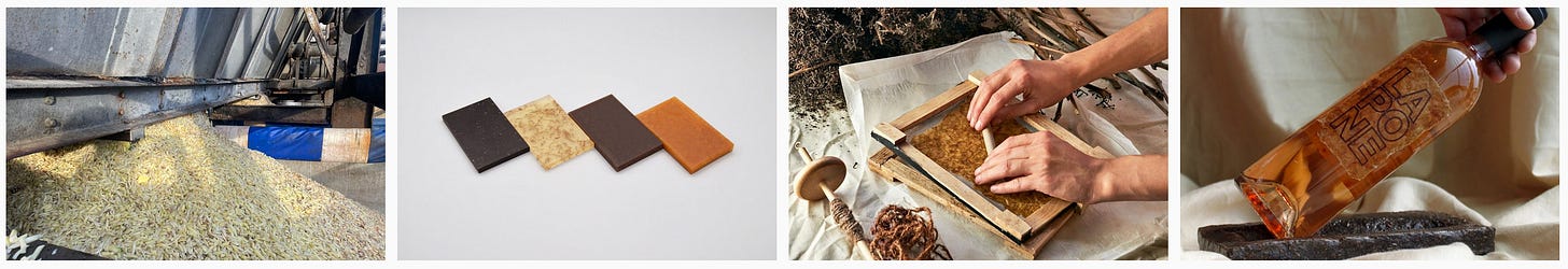 Images: 1–2. Potato trimmings waste stream to create the Parblex bioplastic and biocomposite board from Chip[s] Board; 3–4. The craft process of transforming wine industry waste streams into a paper label and wine bottle rest for this family vineyard in Italy.