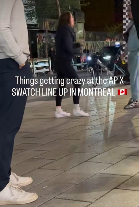 Nine-panel grid of social media screenshots and news footage capturing the chaotic global rollout of the Swatch x Audemars Piguet Royal Pop collaboration. Top row shows uniformed police officers stationed outside a Swatch boutique with the caption "It is the last day of the," a massive crowd packed shoulder-to-shoulder on a Manhattan street in front of "The Lion King" Broadway theatre near Times Square, and a blurred storefront image suggesting motion or commotion. Middle row shows a confrontation between police and individuals on a city street captioned "Losing their freedom," another angle of the dense Times Square crowd in front of the Lion King theatre with people raising phones to film, and an overhead view of a packed crowd outside a Swatch storefront. Bottom row shows a quiet shot of someone walking past a closed boutique captioned "Things getting crazy at the AP X Swatch lineup in Montreal" with a Canadian flag emoji, police officers detaining or speaking with individuals inside a building with the caption "in Miami shutdown," and a dark cinematic still featuring a dimly lit restaurant or bar interior with the text "It's from this new Swatch collab called the Royal Po—" overlaid. The collage documents the global scale of the disruption — from New York and Montreal to Miami — and the police response that accompanied multiple store closures during the Royal Pop launch.