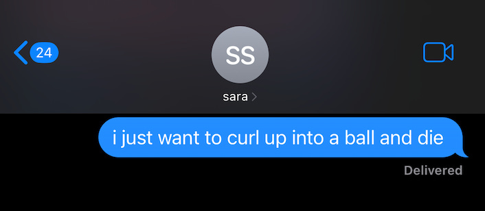 iPhone text message to Sara reading, “I just want to curl up into a ball and die,” capturing a low moment during Benjie’s launch process.