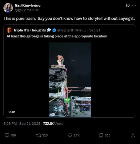Screenshot of a glass-heavy deathmatch bump with Gail Kim's Quote Tweet