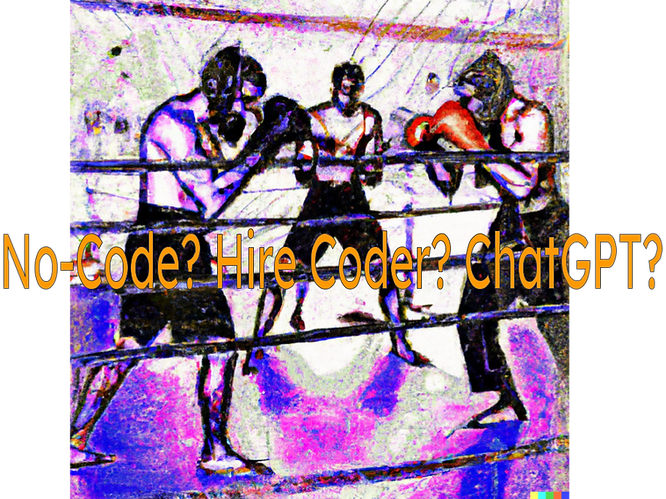 no-code, programming hire, and chatGPT face each other in the ring for an MMA fight, as seen by Dall-E. no-code, programming hire, and chatGPT face each other in the ring for an MMA fight, as seen by Dall-E.