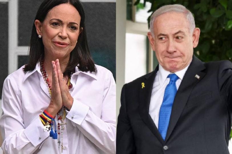 Venezuela “opposition leader” María Corina Machado and Benjamin Netanyahu.