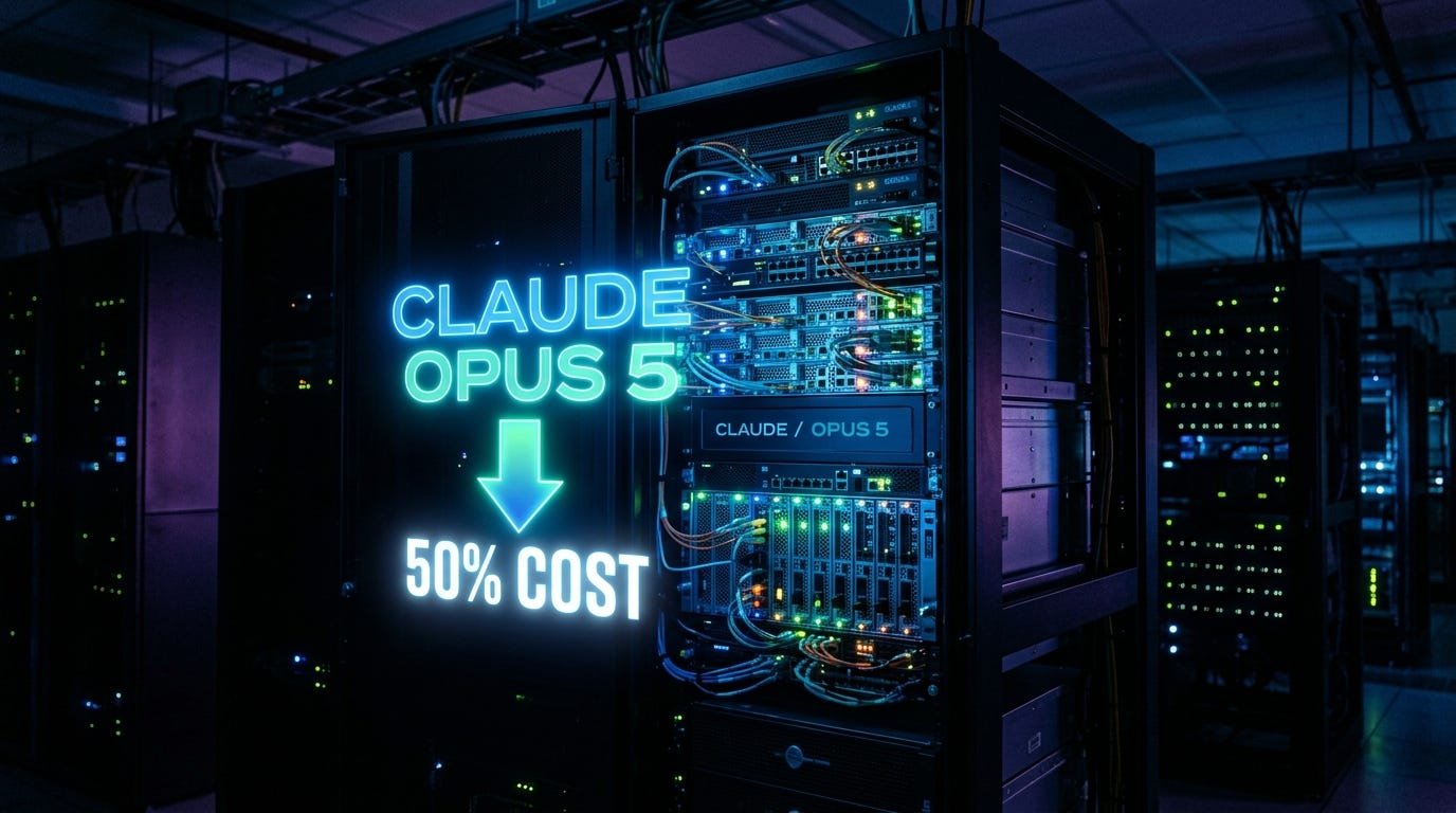 Ảnh chụp cận cảnh tủ rack máy chủ tương lai phát sáng trong trung tâm dữ liệu tối. Một hình chiếu ba chiều phía trước hiển thị chữ 'CLAUDE OPUS 5' và mũi tên đi xuống ghi '50% COST'.