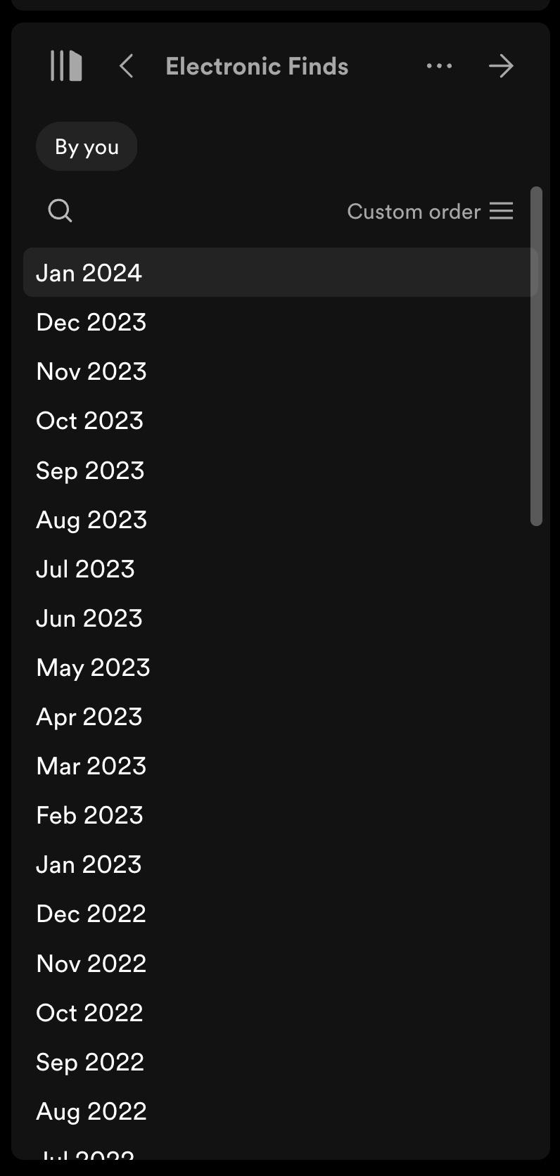 A Spotify folder with playlists ranging from Jan 2024 to Aug 2023 A Spotify folder with playlists ranging from Jan 2024 to Aug 2023