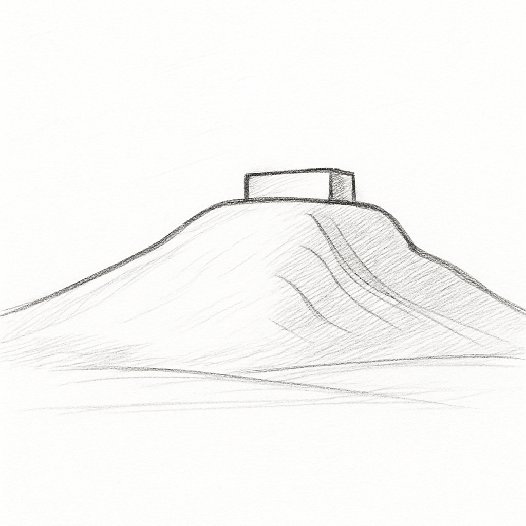 Pencil sketch of a smooth hill or mound with a simple rectangular block structure placed on its flat top, drawn in light shading on a blank background.