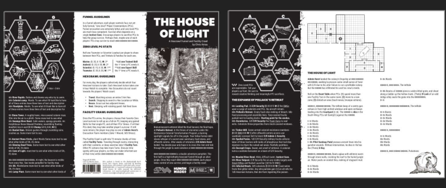 Two black and white pamphlet spreads next to each other. The cover is a duotone image of a massive overgrown on some ancient ruins. A hex map folds over between the inner flap and inside left panels. The inside shows a clearly unfinished map and room descriptions.