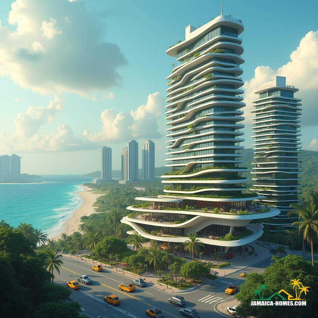 Montego Bay, imagined in 2050: a multi-tower complex pushing the limits of vertical and horizontal living, sky parks and rooftop petrol stations, solar and wind tech integrated into facades
