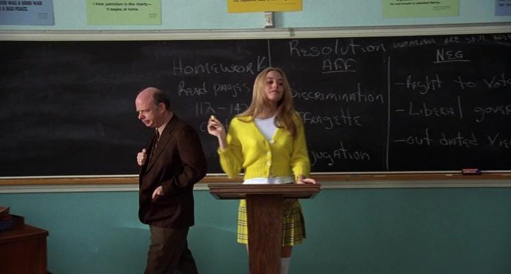 In Clueless during the debate, Cher holds her gum while she's speaking and  it's yellow to match her outfit. : r/MovieDetails