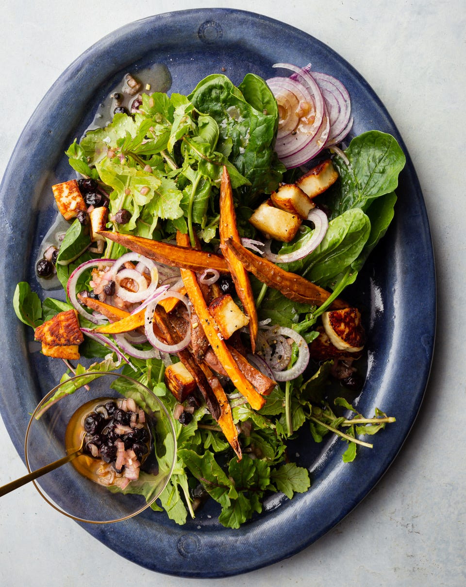 Haloumi + Sweet Potato Salad with Blueberry Vinaigrette