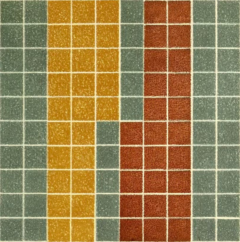A gridded drawing similar to a tiled surface, with blocks of colors rendered in colored pencil. There are areas with squares of moss green, ochre, and a warm, rich brown.. The image is a color analysis chart by Emily Noyes Vanderpoel, an illustration from her 1903 book Color Problems. A gridded drawing similar to a tiled surface, with blocks of colors rendered in colored pencil. There are areas with squares of moss green, ochre, and a warm, rich brown.. The image is a color analysis chart by Emily Noyes Vanderpoel, an illustration from her 1903 book Color Problems.
