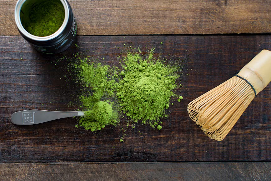 Image of ceremonial grade of matcha and its brewing set. Image of ceremonial grade of matcha and its brewing set.
