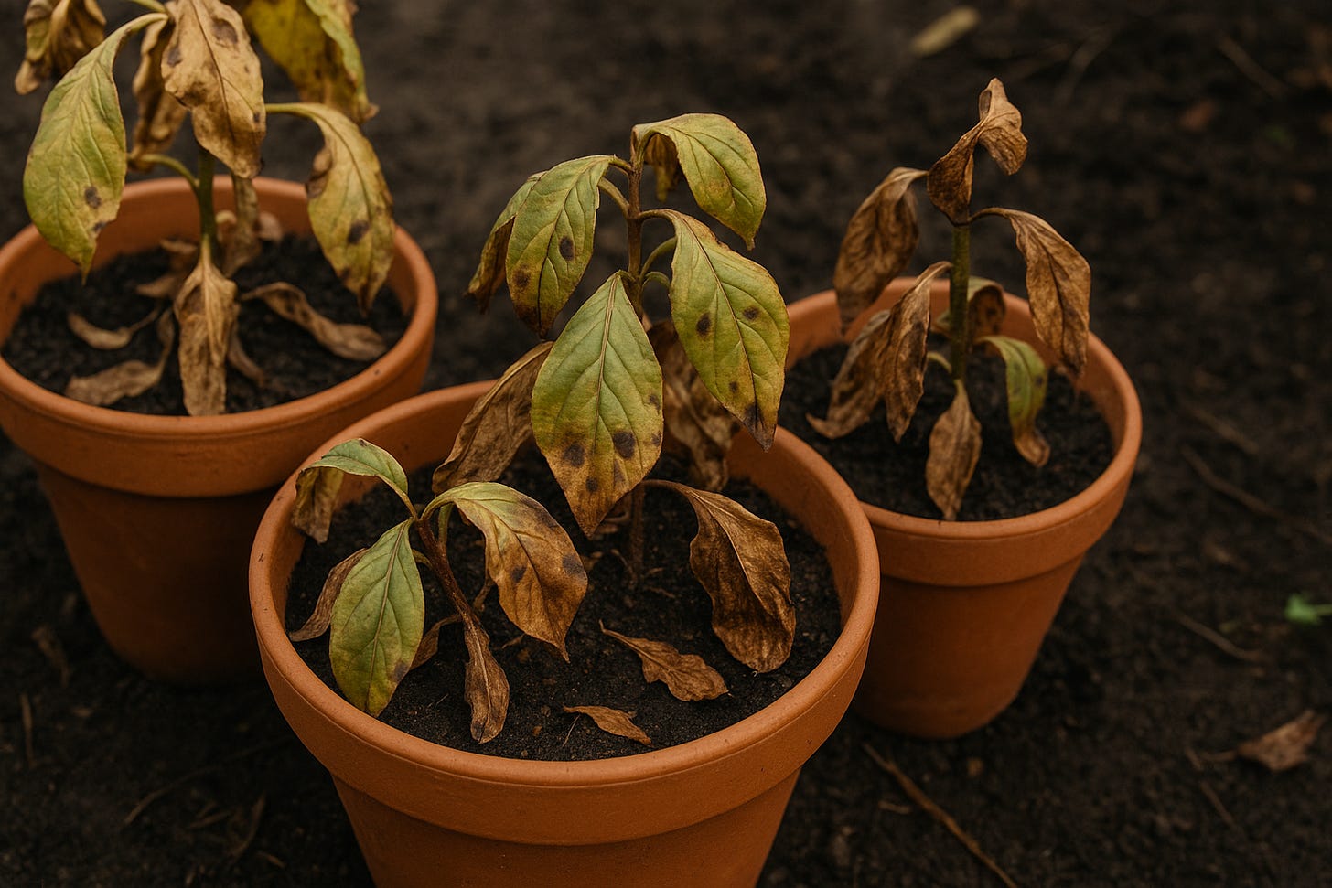Three potted plants with wilted, dying leaves.