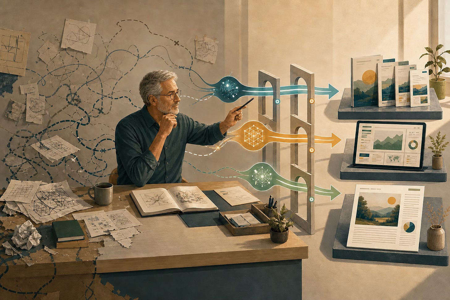 A Product Owner directs three AI-assisted workflows through structured gates, turning rough ideas into finished products. A Product Owner directs three AI-assisted workflows through structured gates, turning rough ideas into finished products.
