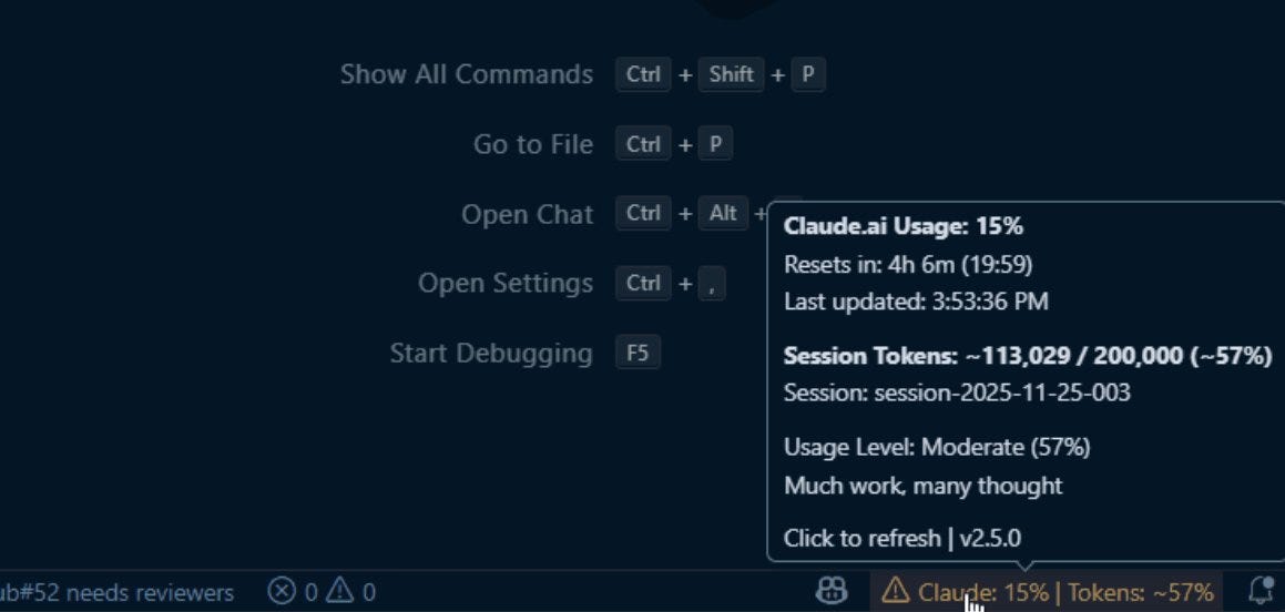Claude Code usage monitor VS Code: current 5-hour window + active session tokens