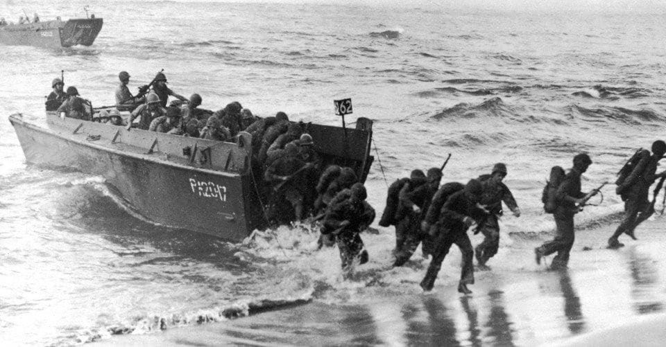 An LCVP “Higgins boat” unloads troops. Thousands of landing craft like this took part in the Normandy invasion of June 6, 1944. Without them, it’s unclear if the Allies could have liberated Europe. (source)