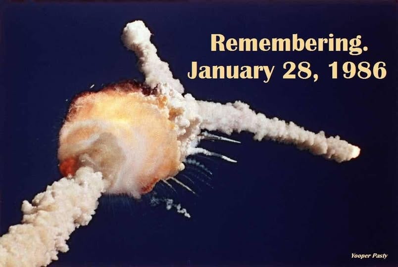 May be an image of text that says 'Remembering. January 28, 1986 Yooper YooperPasty Pasty' May be an image of text that says 'Remembering. January 28, 1986 Yooper YooperPasty Pasty'