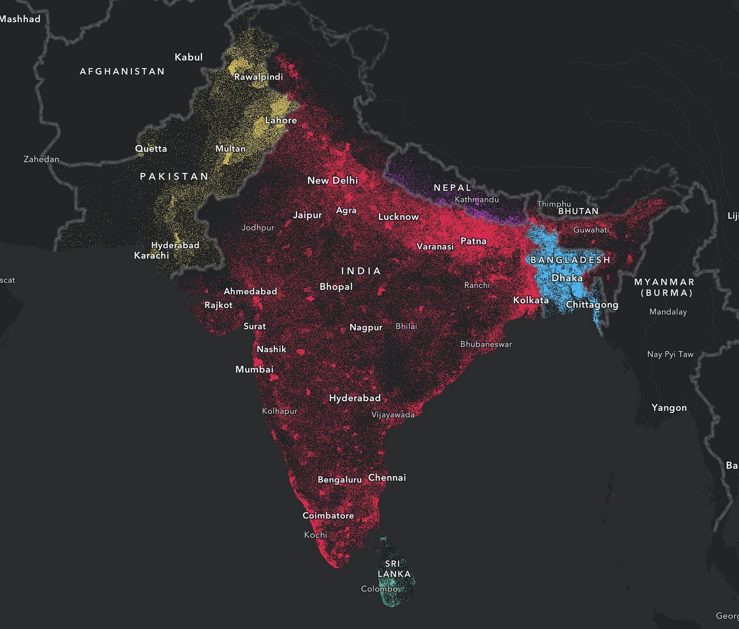 Kristian Ekenes on X: "Population density of India, Pakistan, Nepal,  Bangladesh, Bhutan, Sri Lanka. 1 dot = 30,000 people. India has just over  45,000 dots. Bhutan has 25. #esrijs @ArcGISJSAPI #cartography #gis