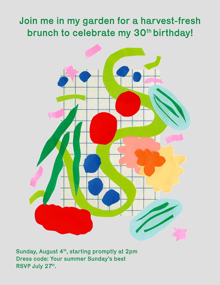 Colourful paper cut outs in one image showing a green stem, an aubergine, tomatoes, cucumbers, green beans. The same image with more added (flowers, confetti, berries) on a 30th birthday invitation with a grid background.)