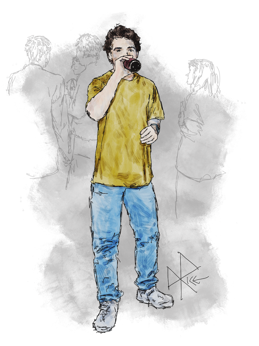 A man in jeans and t-shirt stands at a party while taking a deep drink from a beer, the bottle obscuring much of his face. Sketch art by Don Rice. A man in jeans and t-shirt stands at a party while taking a deep drink from a beer, the bottle obscuring much of his face. Sketch art by Don Rice.
