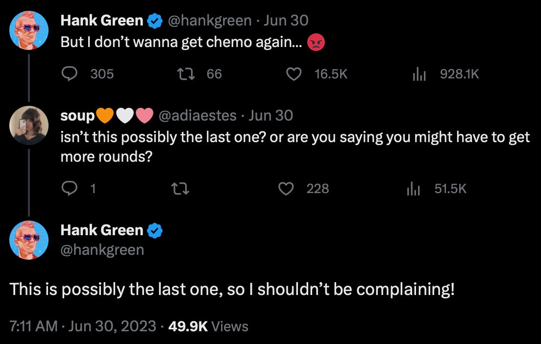 A Twitter screenshot where Hank Green says "But I don't wanna get chemo again..." and someone replies "isn't this possibly the last one? or are you saying you might have to get more rounds?" and Hank replies, "This is possibly the last one, so I shouldn't be complaining."