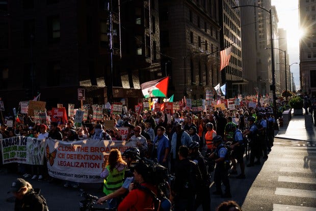 People march in the Loop to protest President Donald Trump's intent to increase immigration enforcement actions in the city and deploy the National Guard, Sept. 6, 2025, in Chicago. (Armando L. Sanchez/Chicago Tribune)