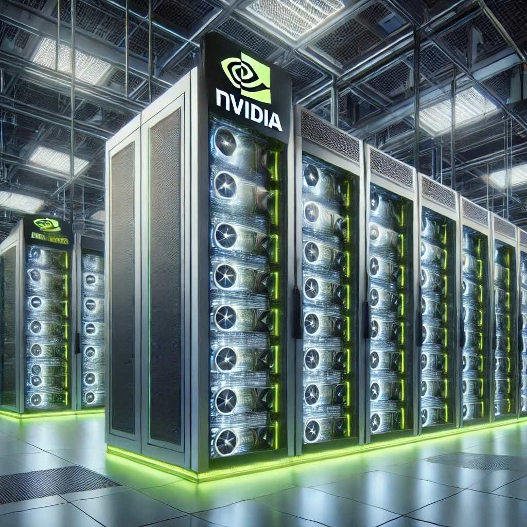 NVIDIA GPU server racks illuminate a modern data center, representing the physical infrastructure of AI and hyperscale computing