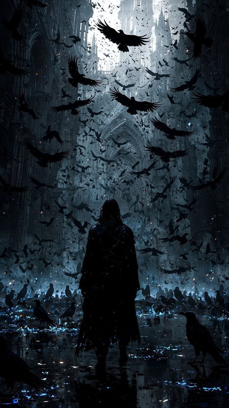 This may contain: a man standing in front of a flock of birds on a dark background with the moon above him This may contain: a man standing in front of a flock of birds on a dark background with the moon above him