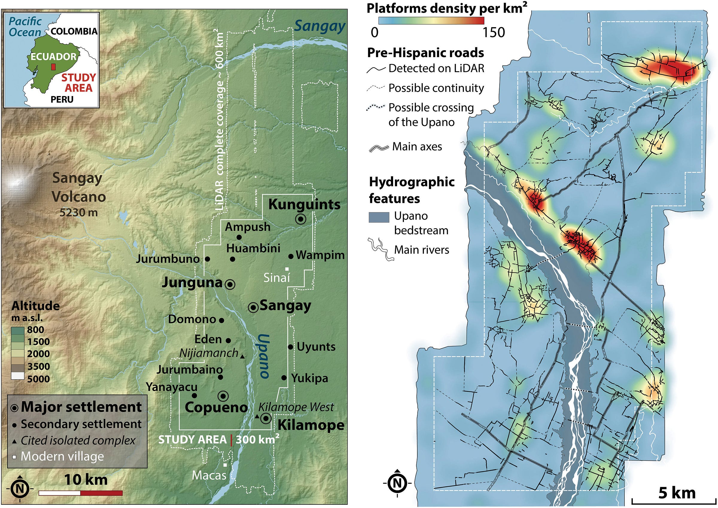 Map of archeological upano valley showing settlements and roads detected using LiDAR