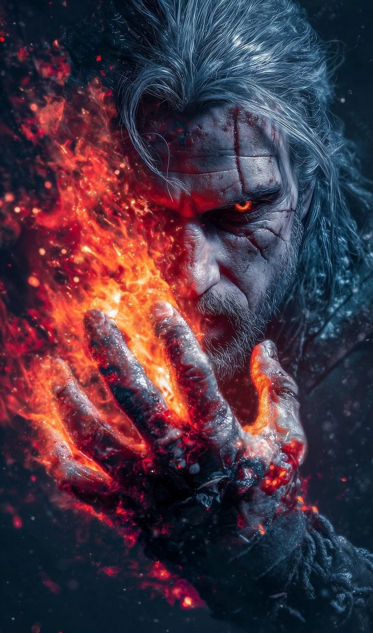 This may contain: an evil man with his hands on fire