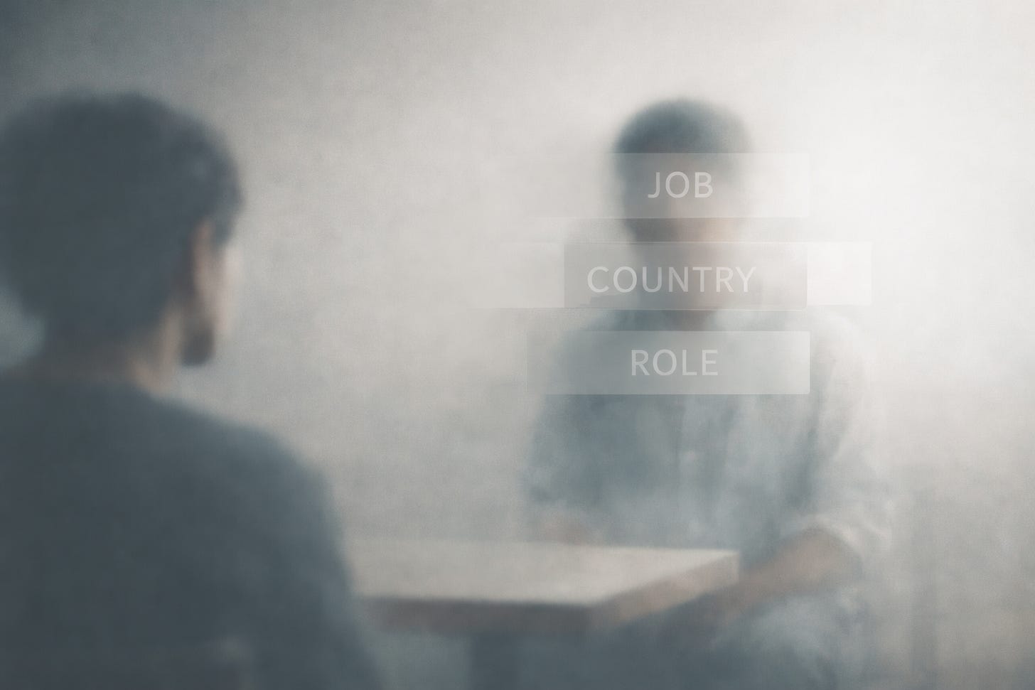 Two people sit facing each other at a small table in a softly lit, minimal space; the person in front is partially obscured by translucent labels reading “job,” “country,” and “role,” centered in the frame to emphasize identity covering presence.