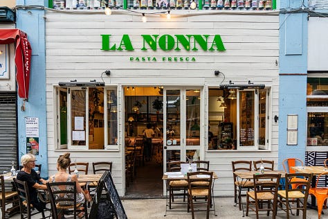 The front of the restaurant La Nonna, the interior of the restaurant La Nonna, and some dishes of their fresh pasta. 