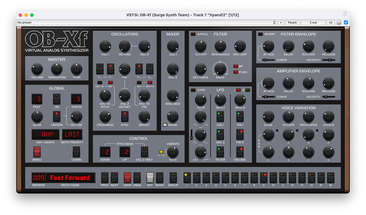 Screencapture of the grey OB-Xf iterface with black knobs and red lettering